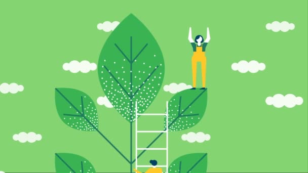 Diversas personas se unen plantando hojas de árboles verdes con nubes de cielo de fondo. Eco amigable concepto de evento de dibujos animados 4k imágenes de animación
. - Imágenes, Vídeo