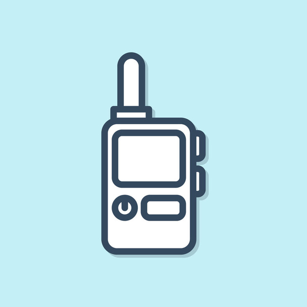 Blue line Walkie talkie icon isolated on blue background. Portable radio transmitter icon. Radio transceiver sign.  Vector Illustration - ベクター画像