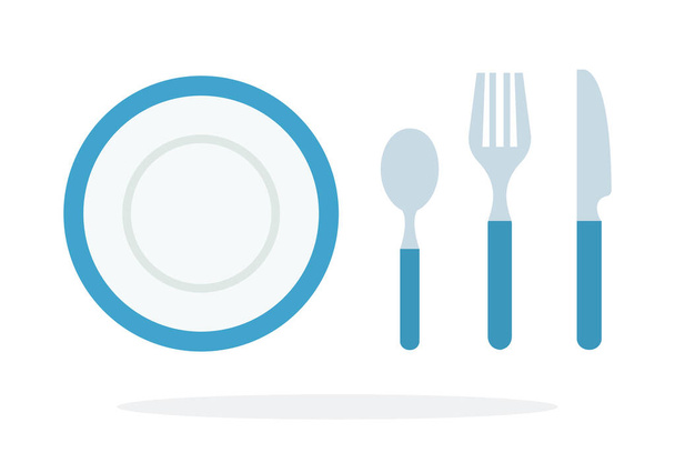 Tablespoons teaspoon, fork, knife, plate with blue piping vector flat isolated - Vector, Image