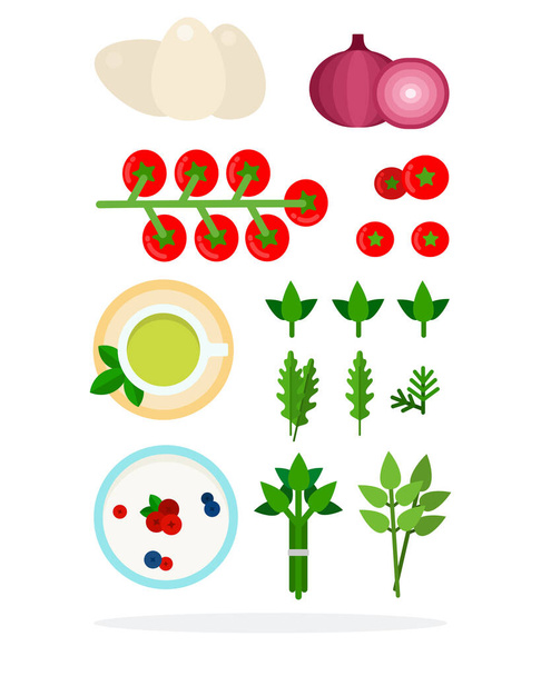 Yeşil çay, sütlü puding, kırmızı soğan, domates dalı, yumurta ve otlar. - Vektör, Görsel
