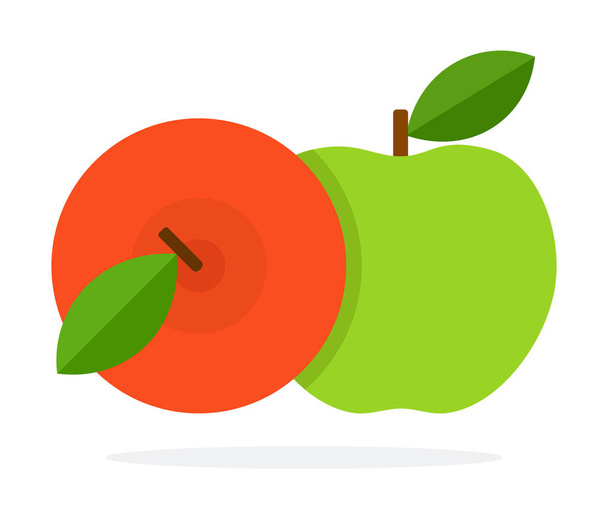 Красные и зеленые яблоки со стеблем и листья плоские изолированы
 - Вектор,изображение