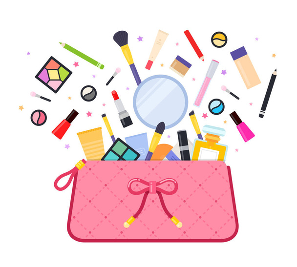 Cosmetics flying out of the bag vector icon flat isolated illustration - Vektor, Bild