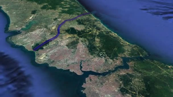 Great project. Istanbul Canal is a Turkish projection for the artificial sea-level waterway, which is being built by the Turkey on the European side of Turks, connecting Black Sea to Marmara. Kanal istanbul. Seaway map mapping 3d animation strait. - Footage, Video