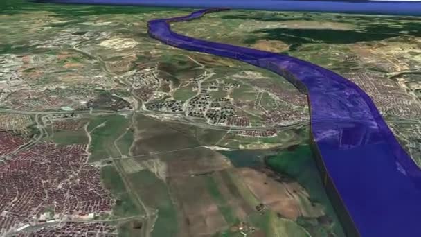 Świetny projekt. Kanał Stambuł jest turecką projekcją sztucznej drogi wodnej na poziomie morza, budowanej przez Turcję po europejskiej stronie Turków, łączącej Morze Czarne z Marmarą. Kanal Stambuł. Mapa morza mapowanie Cieśnina animacji 3d. - Materiał filmowy, wideo