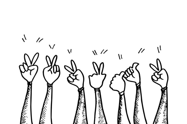 Doodle Hände hoch, Hände klatschen. Beifallsgesten. Glückwunschgeschäft. Vektorillustration - Foto, Bild