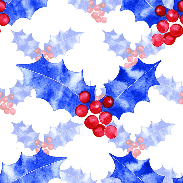 Christmas Classic Blue Holly Watercolor seamless background. - Photo, image