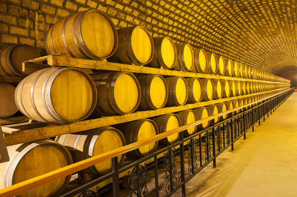 Barris de vinho empilhados na adega
  - Foto, Imagem