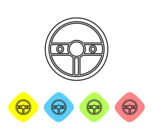 Иконка рулевого колеса серой линии изолирована на белом фоне. Значок колеса машины. Поставьте пуговицы из цветного ромба. Векторная миграция
 - Вектор,изображение