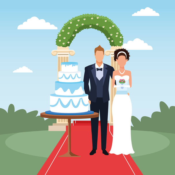 結婚式のケーキと花のアーチの周りに立っているカップルと結婚しました - ベクター画像