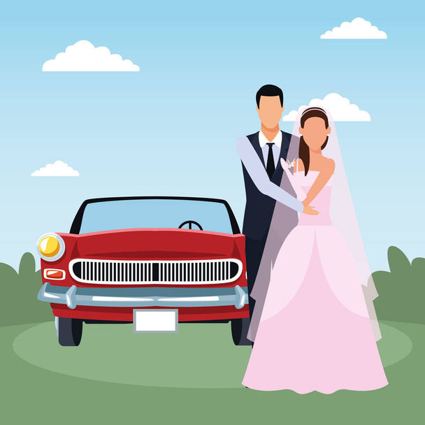 coppia appena sposata in piedi e rosso auto d'epoca su sfondo paesaggio, design colorato
 - Vettoriali, immagini