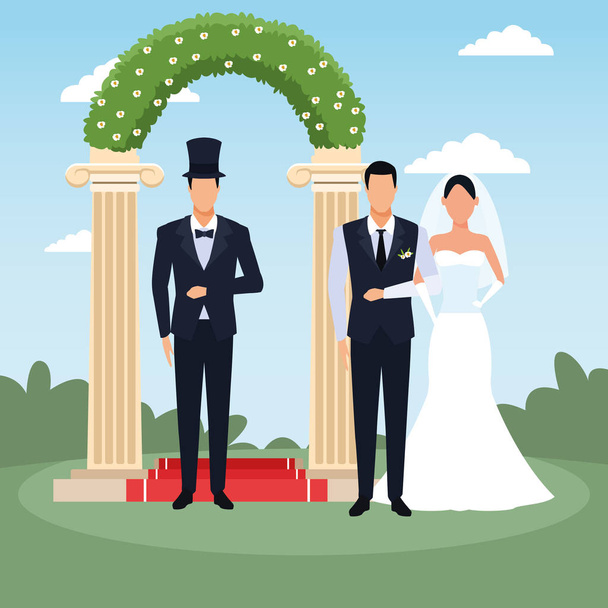 avatar homme élégant avec mariée et marié debout sur l'arc floral et le fond du paysage
 - Vecteur, image