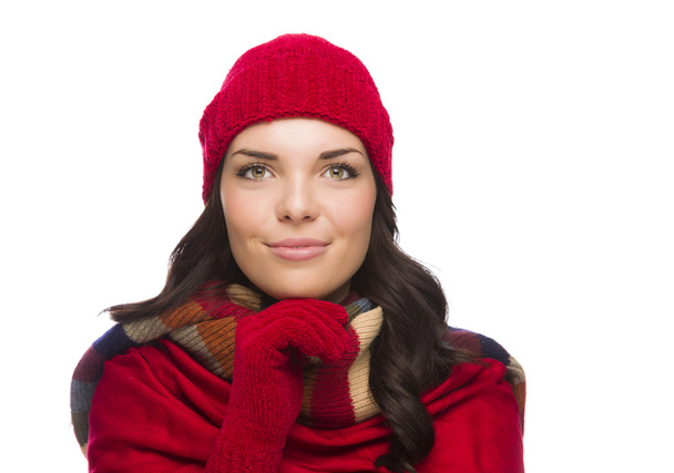 冬の帽子と手袋を着用幸せ混血の女性 - 写真・画像