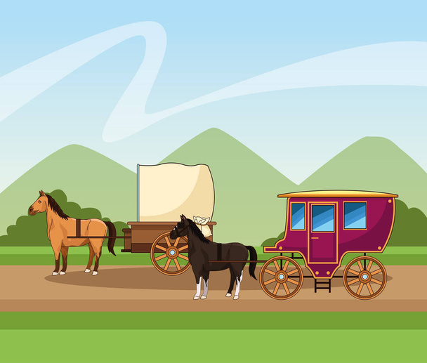 Лошади классика карета на фоне пейзажа
 - Вектор,изображение