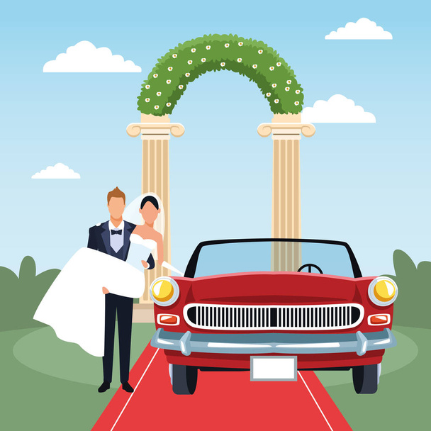 bruidegom houden bruid in zijn armen en rode klassieke auto in net getrouwd landschap - Vector, afbeelding