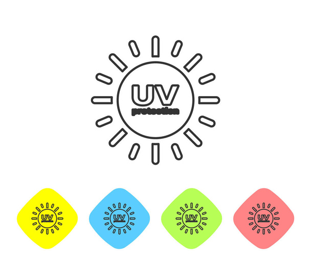 Harmaa linja UV suoja kuvake eristetty valkoisella pohjalla. Ultraviolettisäteilyä. SPF aurinkomerkki. Aseta kuvakkeet värillisiin rhombus-painikkeisiin. Vektorikuvaus
 - Vektori, kuva