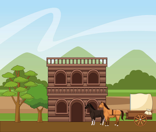 Західне місто з дерев'яним будинком і конями над ландшафтним тлом. - Вектор, зображення