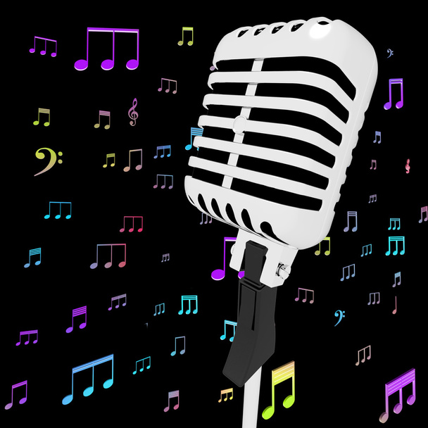 mikrofon hudební záběr s hudební noty ukazuje písní a hitů - Fotografie, Obrázek
