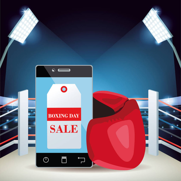 Anneau de boxe avec smartphone avec étiquette de vente et gant de boxe
 - Vecteur, image