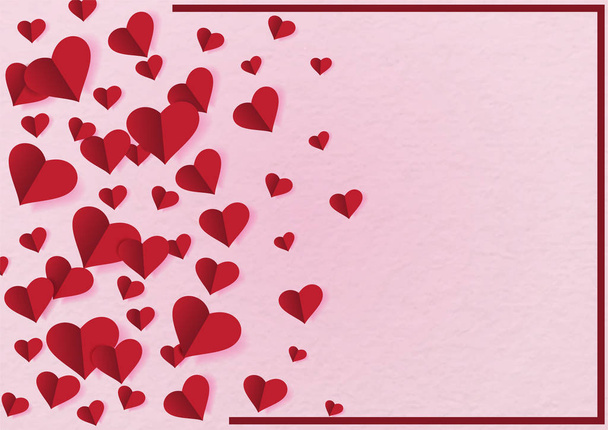 Sok piros szív mérete papír vágott stílus és piros keret rózsaszín háttér. Valentin-napi üdvözlőkártya a vektor design. - Vektor, kép