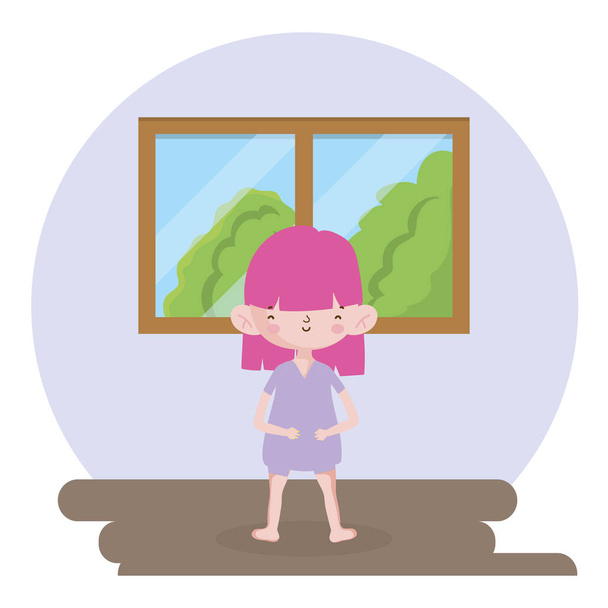childrens day, little girl in the room with window - Vecteur, image