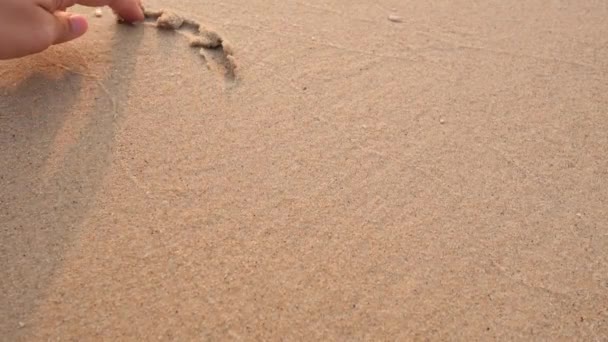 Hand tekening hart vorm op zand van het strand. - Video