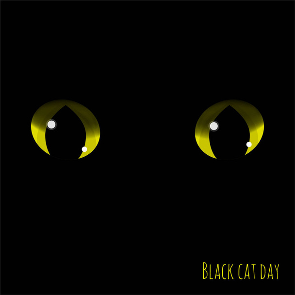 The eyes of a black cat on a black background, an unblinking glance shines brightly. - Vector, Image