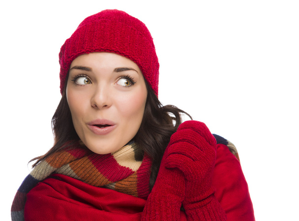 Mixed Race Woman Wearing Mittens and Hat Looks to Side - Foto, Imagem