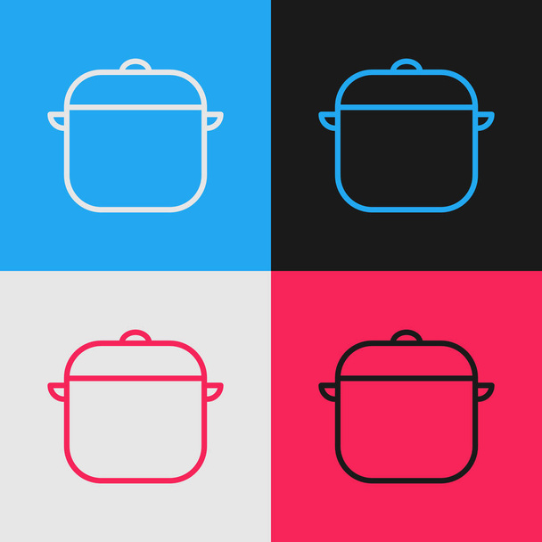 Línea de color Icono de olla de cocina aislado sobre fondo de color. Hervir o guisar el símbolo de la comida. Dibujo de estilo vintage. Ilustración vectorial
 - Vector, Imagen