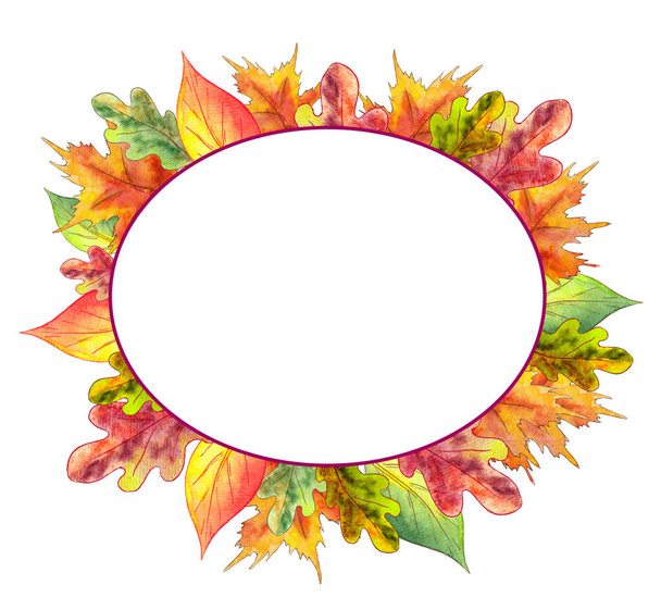 Bright watercolor frame with autumn leaves hand draw. - Valokuva, kuva