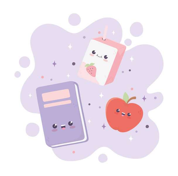kawaii school book apple and box juice cartoon - Διάνυσμα, εικόνα