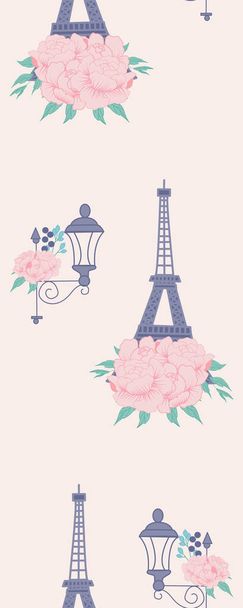 Vertical seamless border with street lamp, peonies and tour eiffel. - Vector, Image