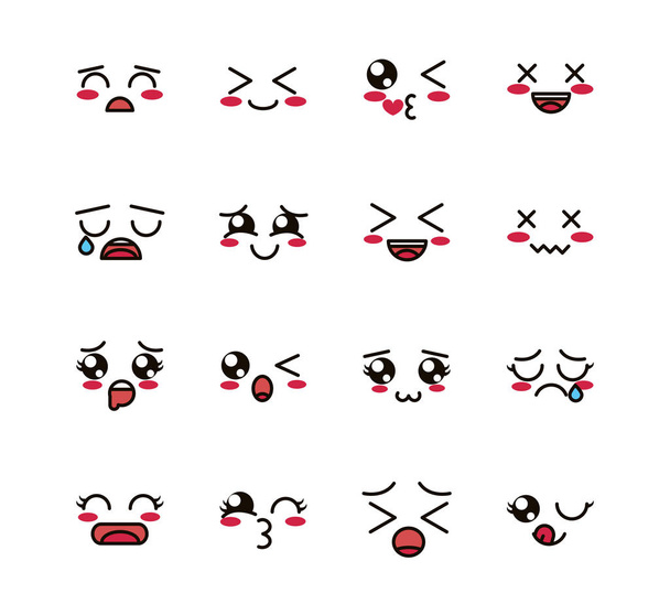kawaii cute face expressions eyes and mouth icons set - Vector, afbeelding