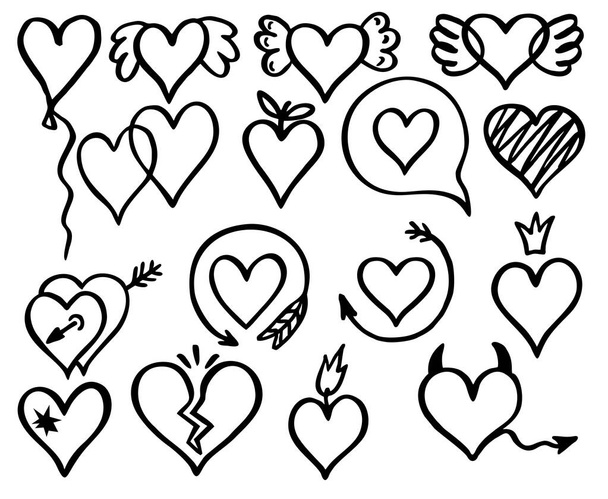Hand drawn painted hearts set. Heart shaped linear and scribble signs, vector scribbles love symbols on white, grunge stylized lovely marriage image decor - Wektor, obraz