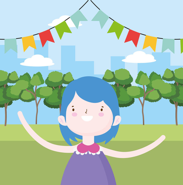happy childrens day, cute little girl city park bunting decoration - Vektor, obrázek
