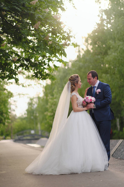 Pretty bride and groom posing in park - Zdjęcie, obraz