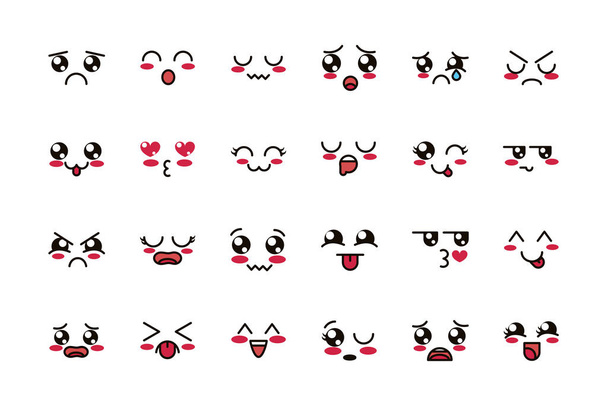 kawaii cute face expressions eyes and mouth icons set - Διάνυσμα, εικόνα