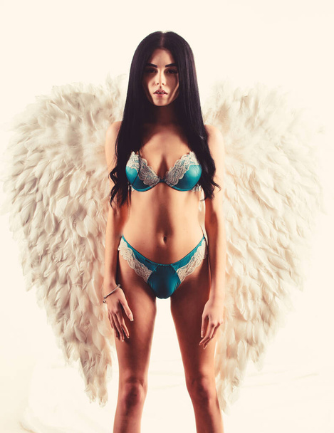 girl in agnel wings. sexy cupid desire. sexy woman in erotic lingerie. love games on valentines day date. fashion beauty. sensual woman with sexy body. fitness body. Never enough to be with her - Foto, Imagem