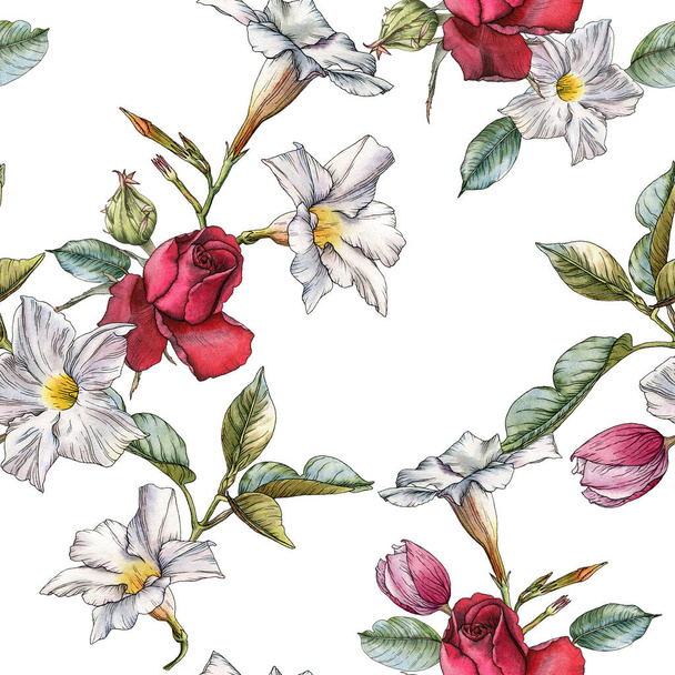 Floral seamless pattern with watercolor roses and white flowers - Foto, Bild
