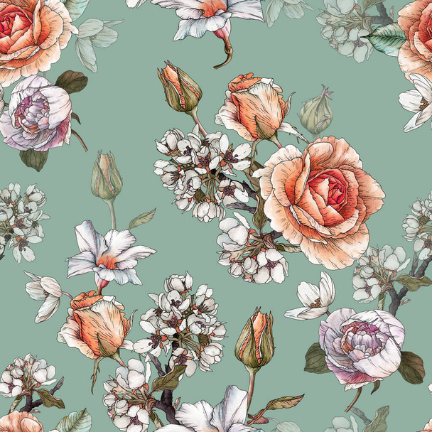 Floral seamless pattern with watercolor roses, cherry blossom and peonies. - Фото, зображення