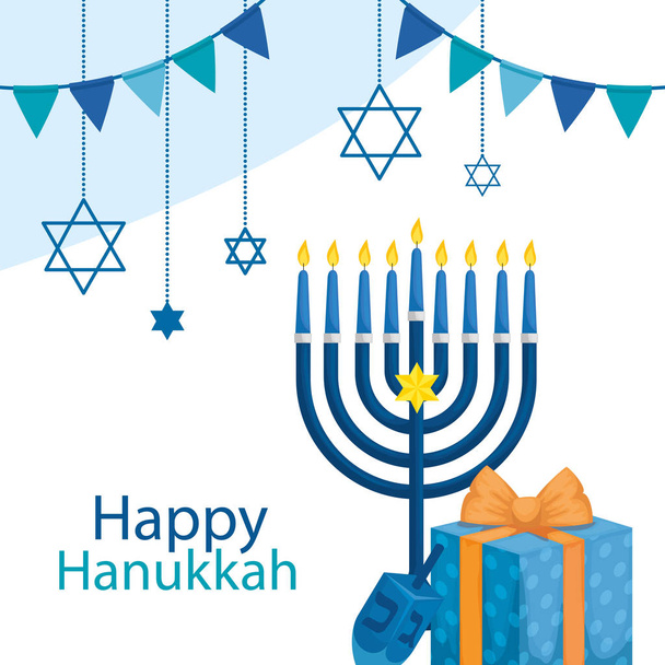 happy hanukkah with chandelier and icons - Vektor, Bild