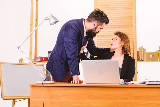 Flirting and seduction. Flirting with coworker. Woman flirting with guy coworker. Woman attractive lady with man colleague. Office collective concept. Flirting at workplace entirely unprofessional - Fotoğraf, Görsel