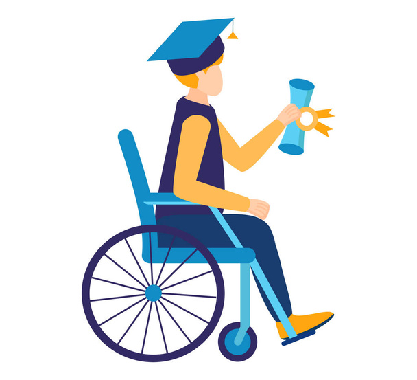 Inklusive bezahlbarer Bildung. ein Absolvent eines behinderten Studenten im Rollstuhl hat aus dem Programm einer Schule, Universität gelernt. zu Hause, online und Vollzeit studieren. Vektorabbildung isoliert - Vektor, Bild