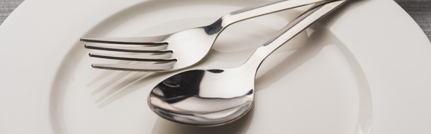 Закрыть вид ложки и вилки на прозрачную тарелку, панорамный снимок
 - Фото, изображение