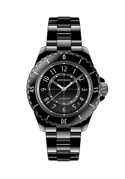 Beyaz arkaplan çizimi üzerinde gerçekçi siyah kronograf kol saati metalik beyaz numara tasarımı lüksü. - Vektör, Görsel