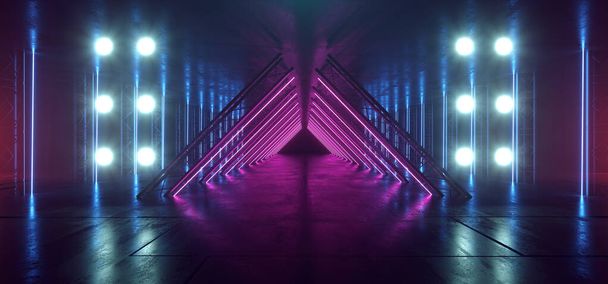 futuristische Bühne Neon-Dreieck Flur Leuchtstoffröhren dunkel g - Foto, Bild