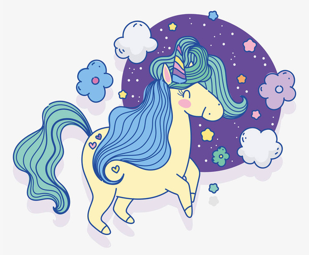 unicorn flowers clouds stars fantasy magic cartoon - Vecteur, image