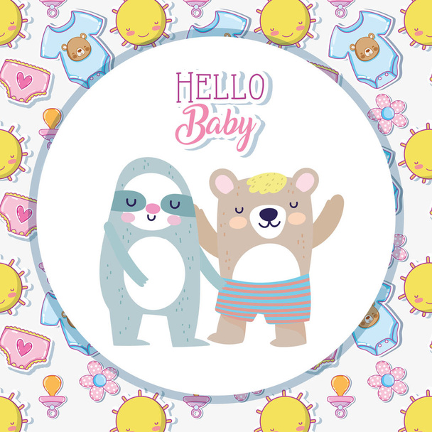 baby shower cute sloth and bear with short pants cartoon - Vector, afbeelding