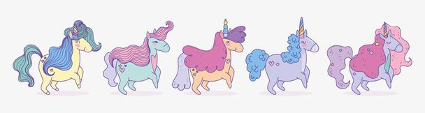 unicorn fantasy magic cartoon characters set - Vecteur, image