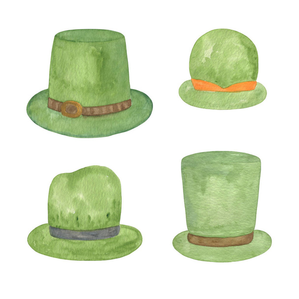 Набор зеленых шляп, символ национального весеннего ирландского праздника
 - Фото, изображение