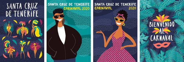 Σύνολο της Santa Cruz de Tenerife αφίσες με χορεύτριες, φύλλα, ισπανικό κείμενο Bienvenido al Carnaval, Καλώς ήρθατε στο Καρναβάλι. Χειροποίητη διανυσματική απεικόνιση. Έννοια για το banner. - Διάνυσμα, εικόνα